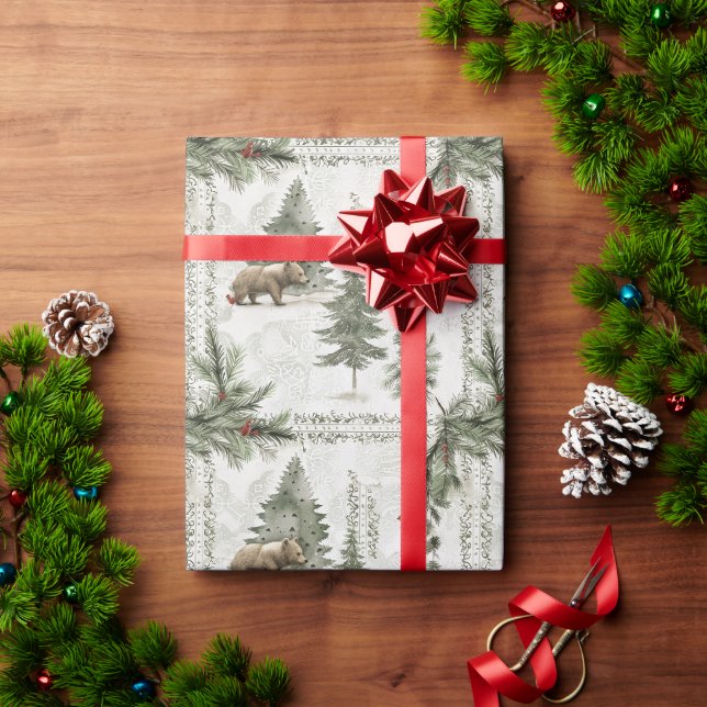 Eine Winterwaldlandschaft mit einem Bären und eine Geschenkpapier (Feiertagsgeschenk)