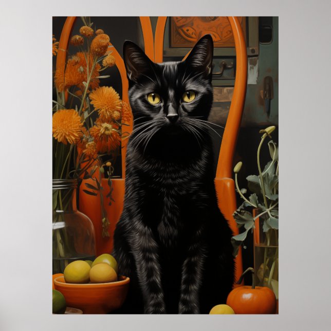 Eine wunderschöne schwarze Katze im Orangen Stuhl Poster (Vorne)