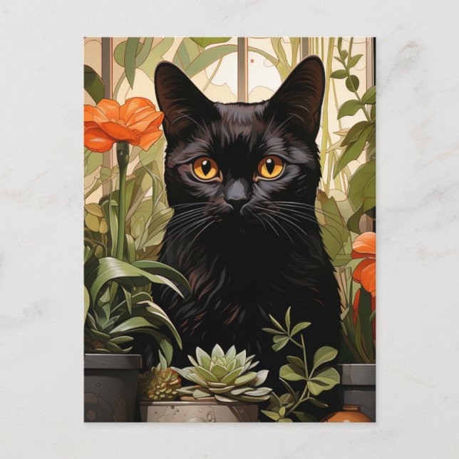 Eine wunderschöne schwarze Katze mit Sukkulationen Postkarte (Vorderseite)