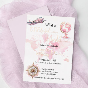 EINE wundervolle Welt rosa Reise Mädchen 1. Geburt Folieneinladung