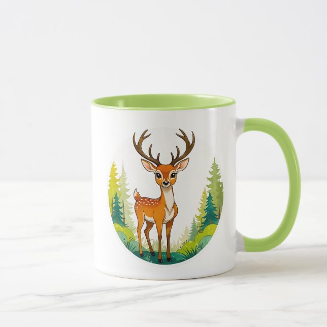 Eine Zeichnung eines süßen Hirschs im Wald. Tasse (Rechts)