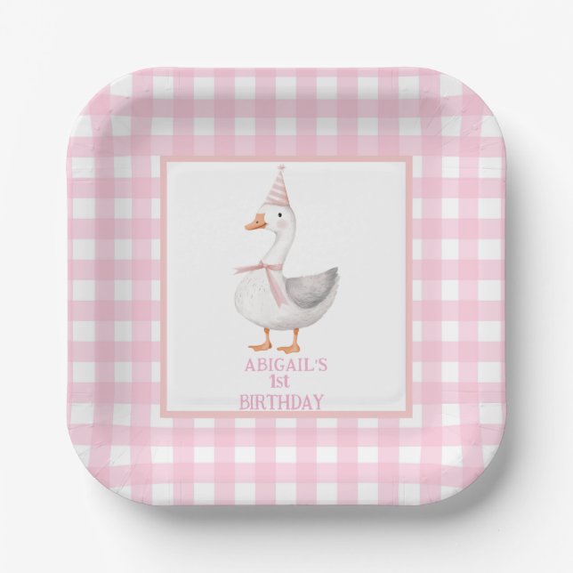 EINEN ALBERNEN GOOSE PINK GINGHAM 1. GEBURTSTAG PAPPTELLER (Vorderseite)