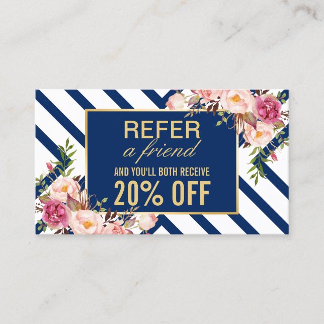 Einen Freund | Klassische florale Navy Blue Stripe Empfehlungskarte (Vorderseite)