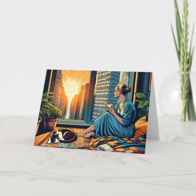 Einen Friedlichen Tag wünschen | Frau mit Kaffee Karte (Vorderseite)