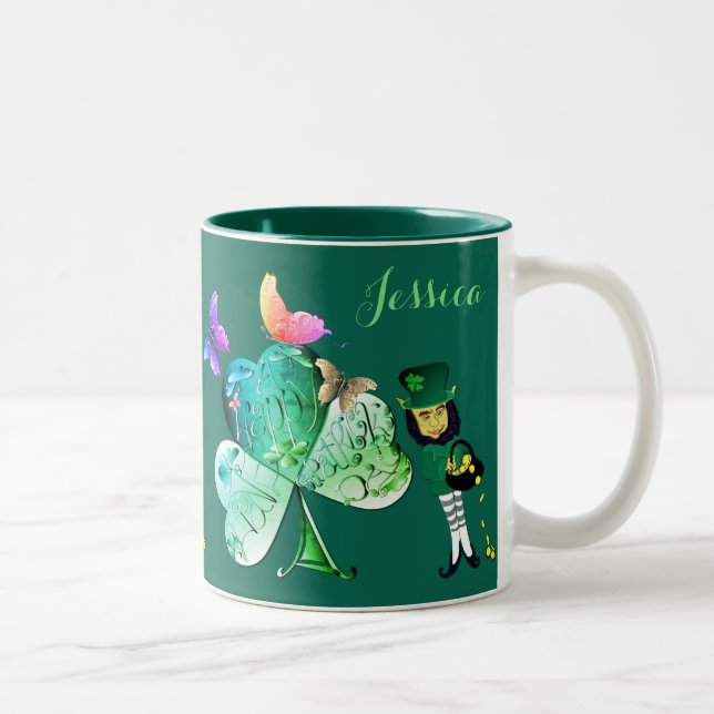 "Einen glücklichen St. Patrick's Day" Leprechaun Zweifarbige Tasse (Rechts)