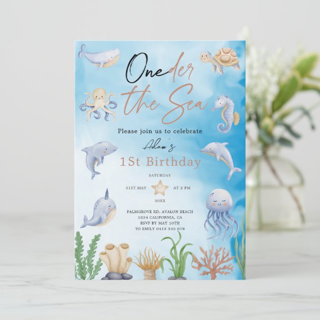 Eines der Meer unter dem Meer 1St Birthday Einladung (Stehend Vorderseite)