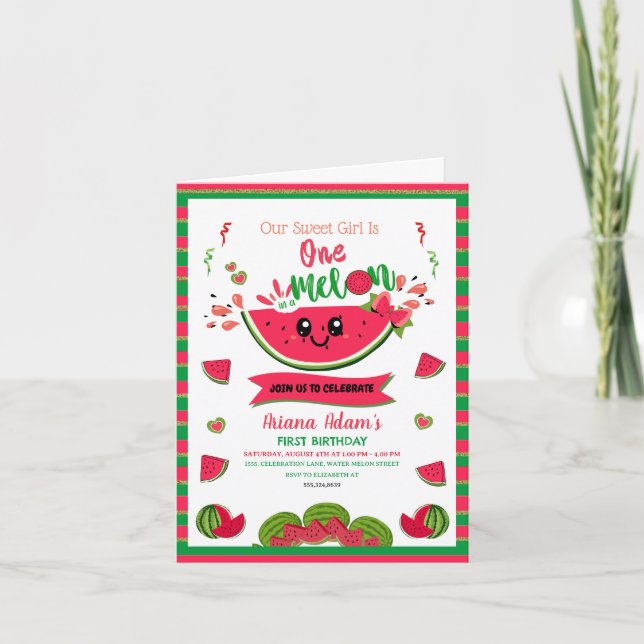 Eines in einem Melon Watermelon Girl's First Birth Einladung (Vorderseite)