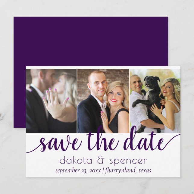 Einfach 3-Foto | Königliche Lila Geblüht Schrift Save The Date (Vorne/Hinten)