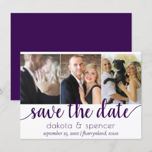 Einfach 3-Foto Königliche Lila Geblüht Schrift Save The Date