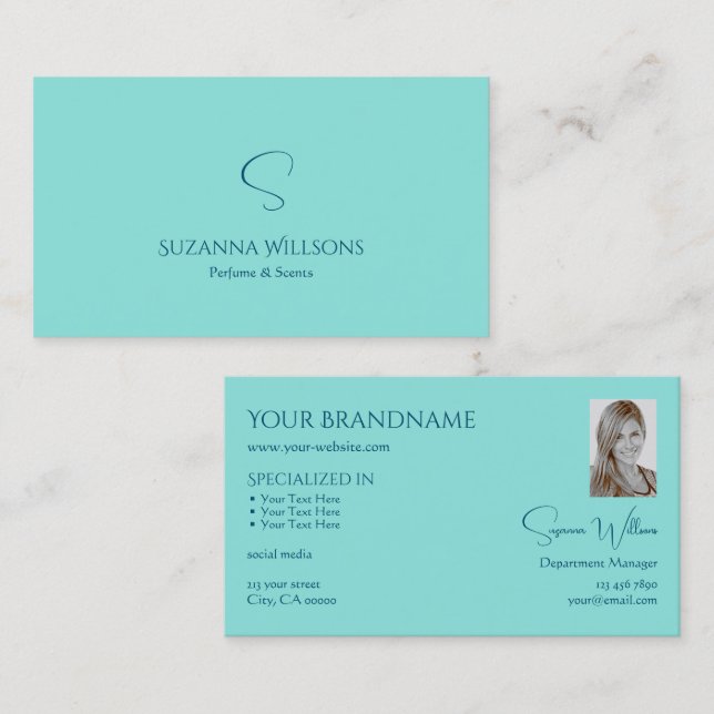 Einfach Aquamarin mit Monogram und Foto Modernst S Visitenkarte (Vorne/Hinten)