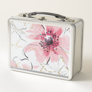 Einfach Aquarell des Rosa-  mit Blumen Metall Brotdose