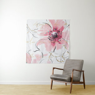 Einfach Aquarell des Rosa- mit Blumen Wandteppich
