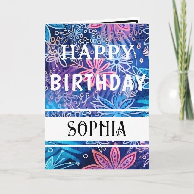 Einfach Blau und Rosa Print Happy Birthday Karte (Vorderseite)