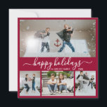Einfach Bordo White 4 Foto Collage Happy Feiertagskarte<br><div class="desc">Elegante Kalligraphie, Minimalistisches Burgund und White 4 Foto Collage Happy Holiday Script Card. Diese festliche, einfache 4 (4) Foto Weihnachtskarte bietet eine hübsche Foto Collage und sagt "Happy Holidays"! Der Begrüßungstext "Happy Holidays" ist in einem Wirblen, handgeschriebenen Schriftart-Typ in Weiß auf bordeauxrot oder bordfarbenem Hintergrund geschrieben. Auf der Rückseite der...</div>
