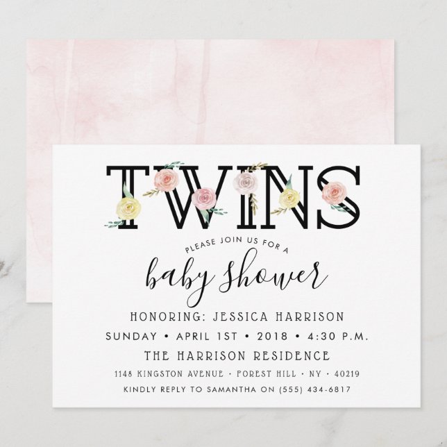 Einfach Chic Floral Garden Twins Baby Dusche Einladung (Vorne/Hinten)