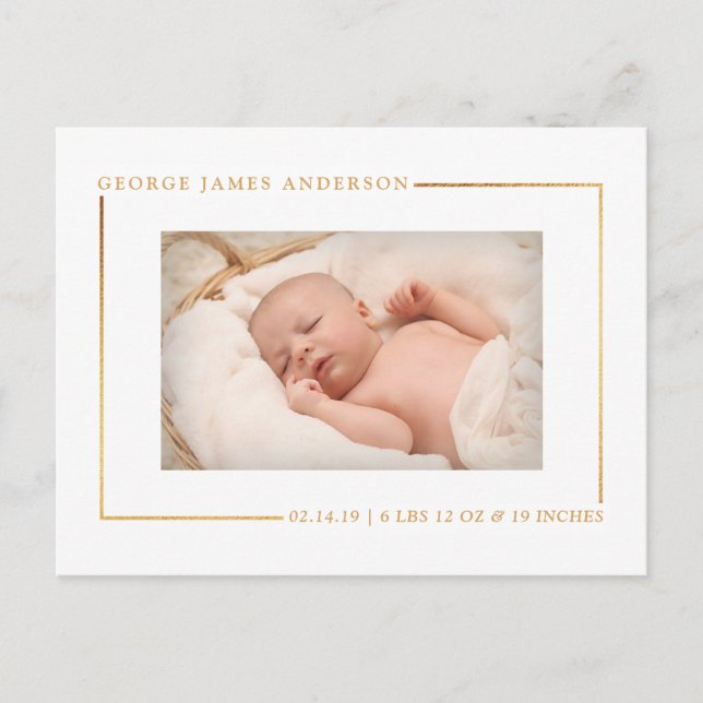 Einfach Chic Gold Foil Foto Geburtserklärung ankün Ankündigungspostkarte (Vorderseite)