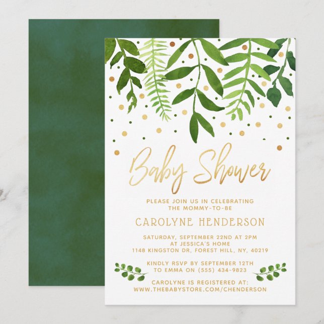 Einfach Chic Greenery & Gold Baby Dusche Einladung (Vorne/Hinten)