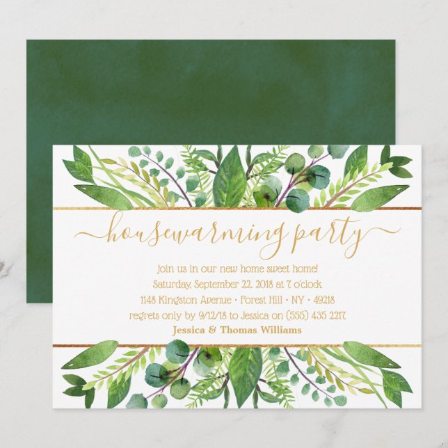 Einfach Chic Greenery & Gold Housewarming Party Einladung (Vorne/Hinten)
