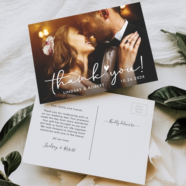Einfach Chic Script Wedding Foto Vielen Dank Postkarte (Von Creator hochgeladen)