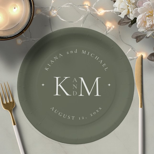Einfach Chic Wedding Initials Moss Green ID1046 Pappteller (Von Creator hochgeladen)