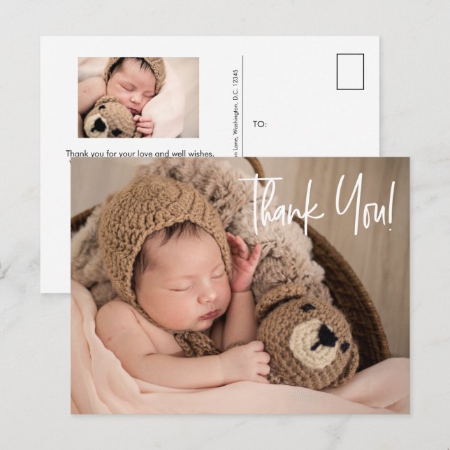 Einfach Dankeschön Script Baby Fotos Ankündigungspostkarte (Vorne/Hinten)