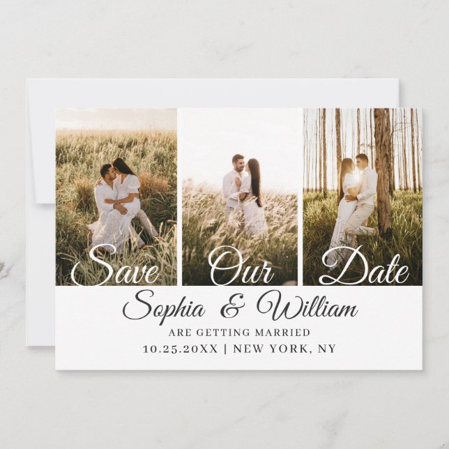 Einfach elegant 3 Foto Hochzeit Save The Date (Vorderseite)