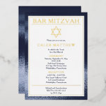 Einfach Elegant Blue Gradient Bar Mitzvah - Gold Folieneinladung<br><div class="desc">Klassische und elegante,  aber schlichte und moderne "Bar Mitzvah" mit einem dunkelblauen Farbverlauf Imitat-Hintergrund auf Vorder- und Rückseite mit Goldfolientext (oder Silber oder Rose Gold) Akzenten und einem goldenen Star of David.  Die Textbilanz ist dunkelblau.  Composite Design von Holiday Hearts Designs.</div>