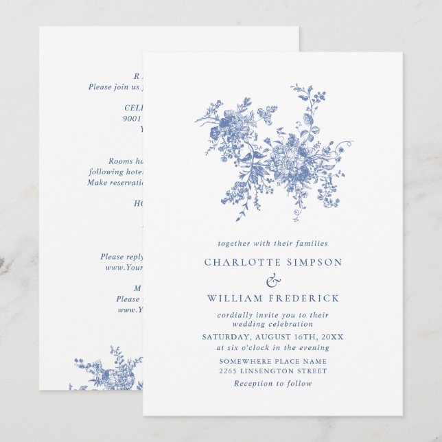 Einfach Elegant Blue Toile Floral Wedding Einladung (Vorne/Hinten)