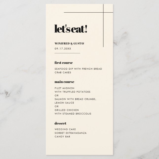 Einfach elegant & chic essen wir Hochzeit Menükarte (Vorderseite)