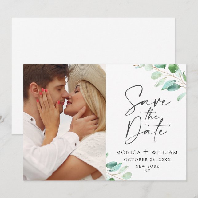 Einfach Elegant Eucalyptus Wedding Foto Save The Date (Vorne/Hinten)