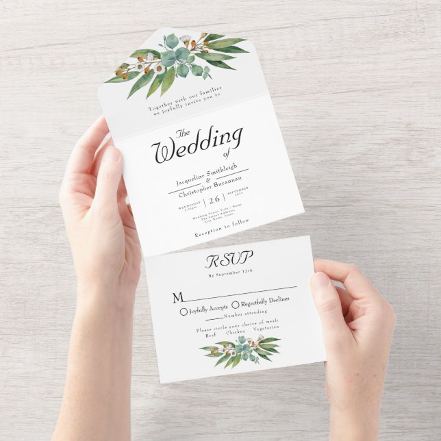 Einfach elegant Eucalyptus Wedding RSVP und All In One Einladung (Abreißen)