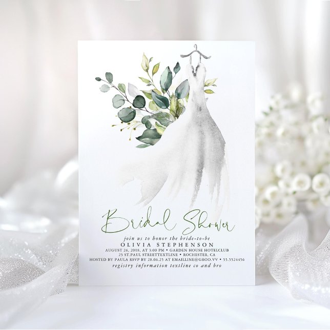 Einfach Elegant Eukalyptus Greenery Brautparty Einladung (Silver Dress and Greenery Bridal Shower Invitations)