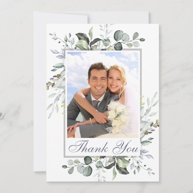 Einfach Elegant Eukalyptus Greenery Wedding FOTO Dankeskarte (Vorderseite)