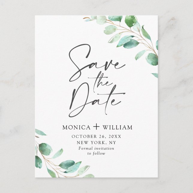 Einfach Elegant Eukalyptus Wedding Speichern Sie d Postkarte (Vorderseite)