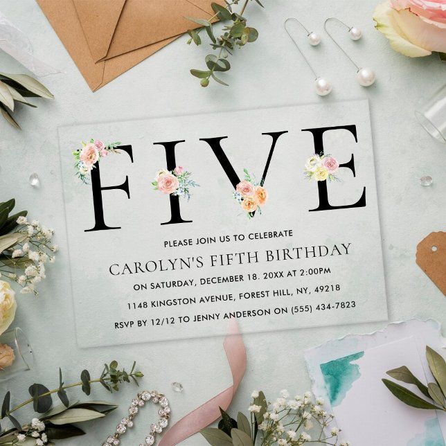 Einfach Elegant Floral 5. Geburtstag Acryleinladungen (Von Creator hochgeladen)