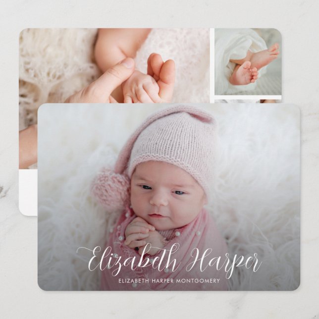 Einfach Elegant Foto Collage Birth Ankündigung (Vorne/Hinten)