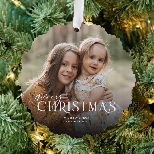 Einfach Elegant Frohe Weihnachts-Foto | weiß Ornament Karte (Insitu (Baum))