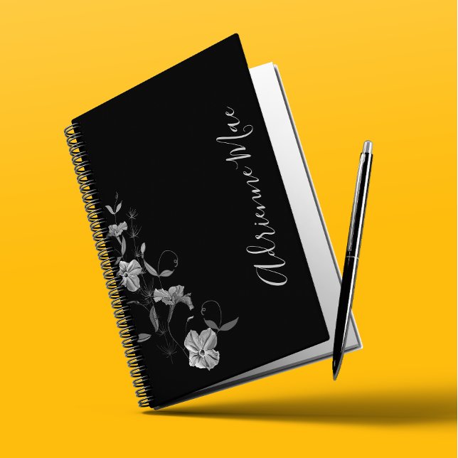 Einfach elegant Gray Floral Black Personalisiert Notizbuch (Von Creator hochgeladen)