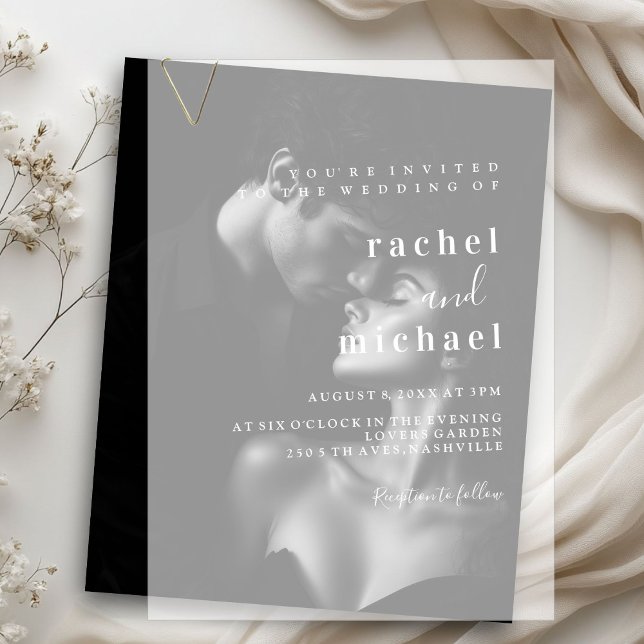 Einfach, elegant, Hochzeit, (Wedding, Vellum Invitations with white font. Perfect for a combination with a black & white photo.)