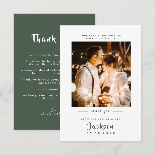 Einfach elegant mit Foto Dark Green Wedding Dankeskarte (Vorne/Hinten)