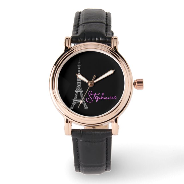 Einfach elegant Paris Eiffel Tower Black Armbanduhr (Vorderseite)