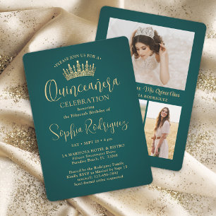 Einfach Elegant Quinceañera 3 Foto Grün und Gold Einladung