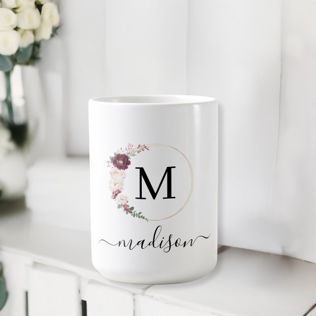 Einfach, elegant, Script-Schriftart, Monogramm Kaffeetasse (Customer-specific, classic, elegant, script font, flower-circle, monogram - name - mug. )