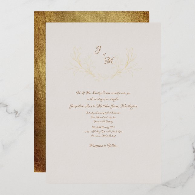Einfach elegant Taupe & Metallic Gold Folieneinladung (Vorderseite/Rückseite)