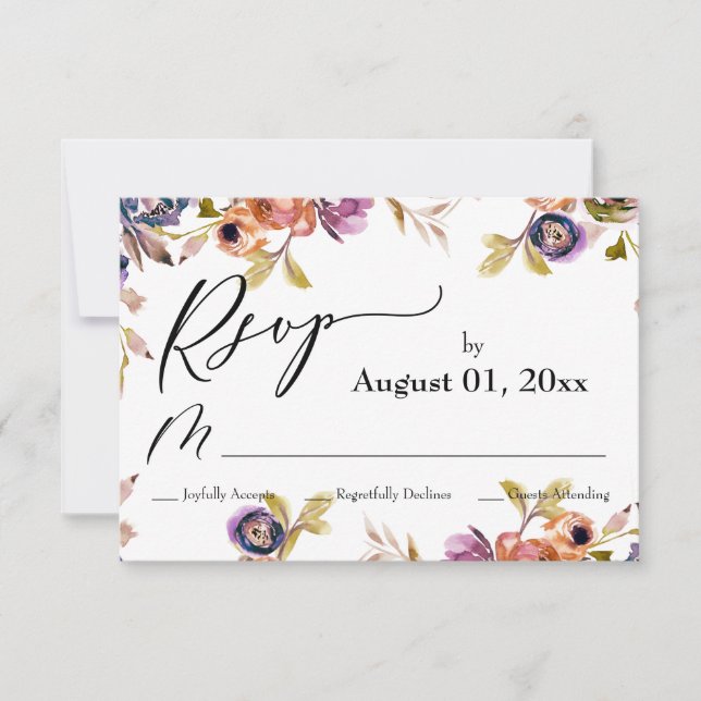 Einfach, elegant, Wasserfarben Boho Bloral RSVP Karte (Vorderseite)