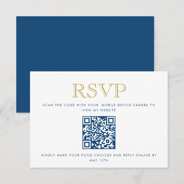 Einfach elegante, Blue Gold QR Code Antwortkarte Einladung (Vorne/Hinten)