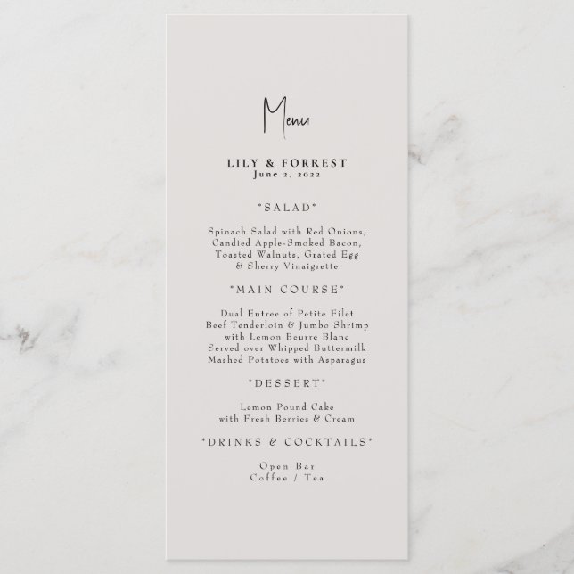 Einfach elegante Cream Wedding Menükarte (Vorderseite)