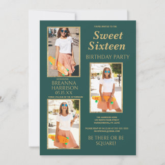 Einfach elegante grüne goldene Foto-Sweet-Sixteen- Einladung