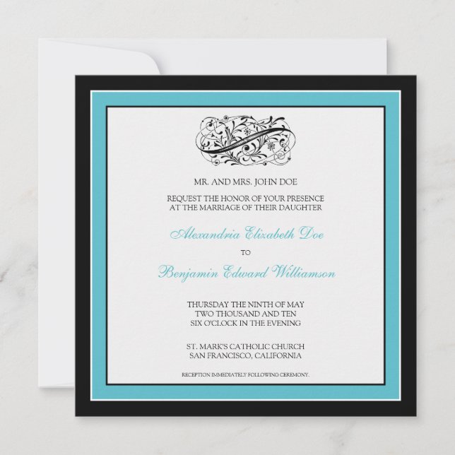 Einfach elegante Hochzeitseinladung (schwarz/aqua) Einladung (Vorderseite)
