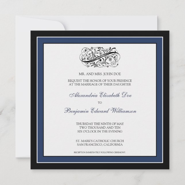 Einfach elegante Hochzeitseinladung (schwarz/Marin Einladung (Vorderseite)